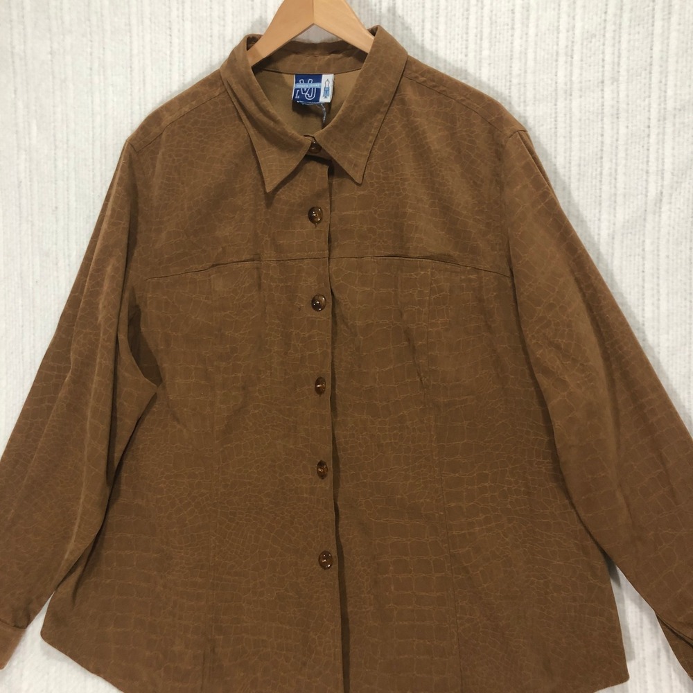 Venezia Jeans Brown Button Down Top Alligator Print Long Sleeve Shirt
